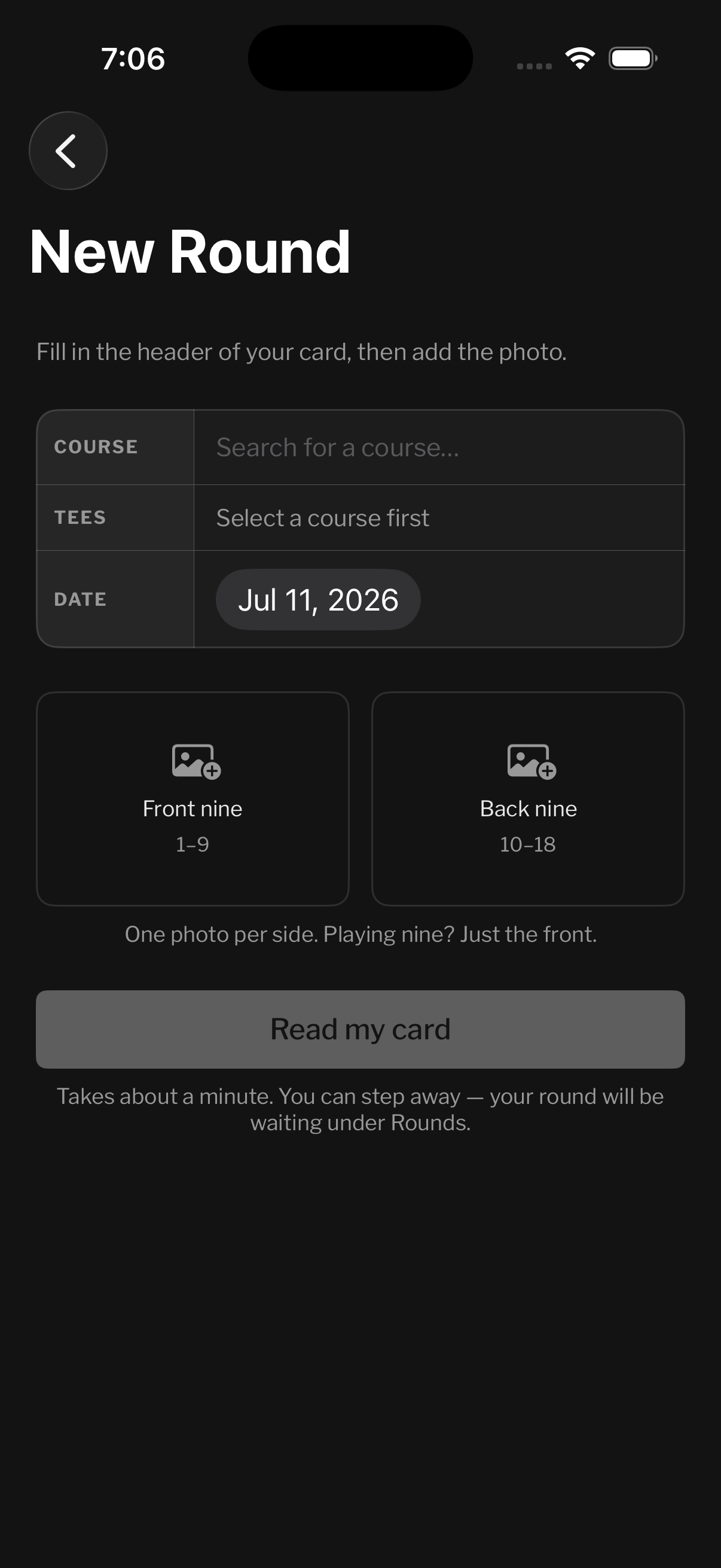 New Round screen on iPhone with course, tee, date, and scorecard photo fields