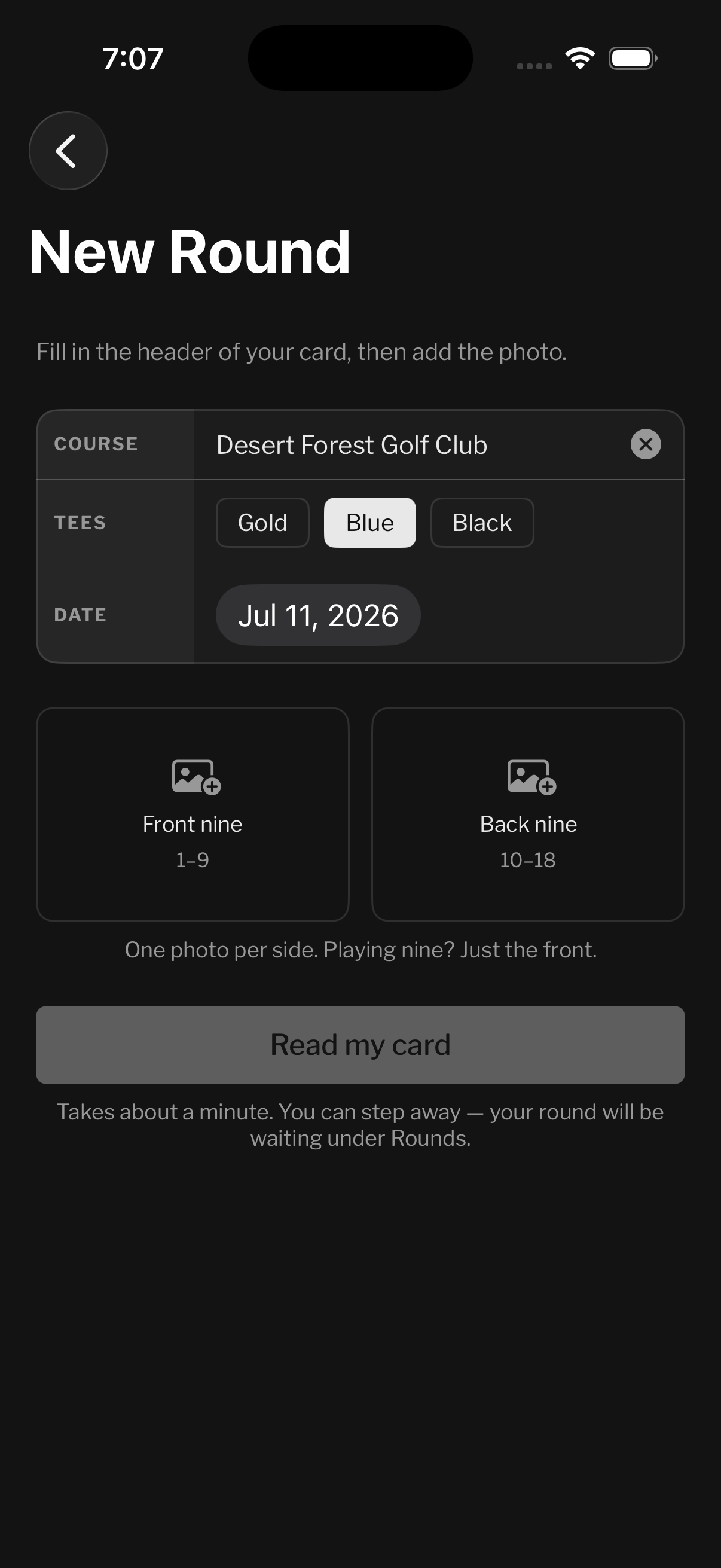 New Round screen on iPhone with Desert Forest Golf Club and Blue tees selected